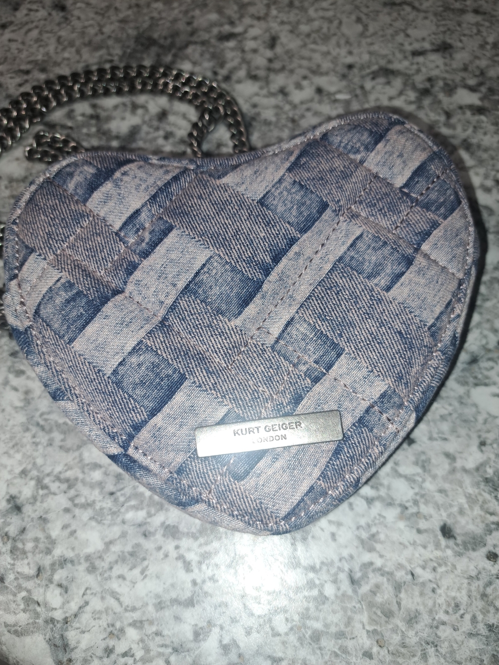 Kurt Geiger Heart-Shaped Denim Crossbody Bag in Washed Blue W/ Pink Tint - Picture 3 of 5